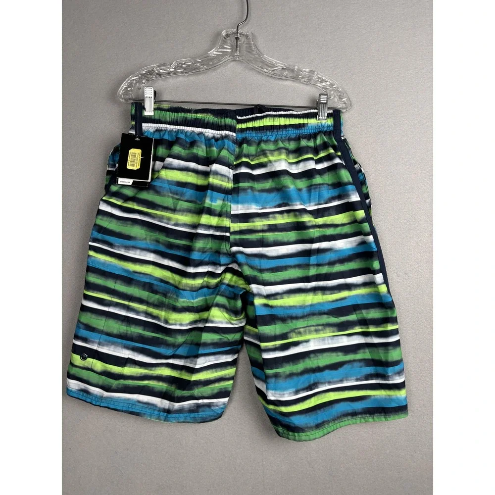 Nike Swim Shorts Mens Medium Blue Green Striped Board Shorts Sheds Water Pool